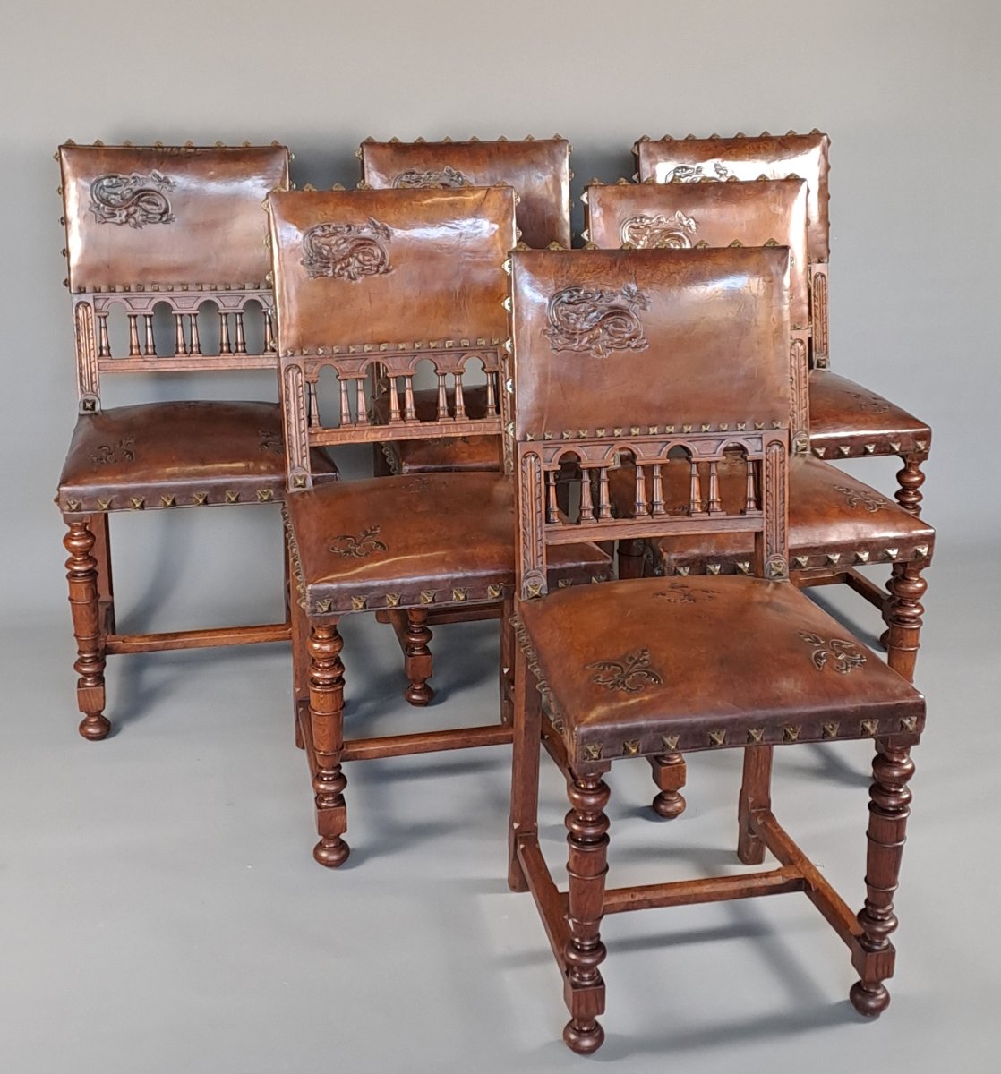 Set Of Six Renaissance-style Chairs Upholstered In Leather Embossed With A Salamander And Fleur-de-lis Motif-photo-2