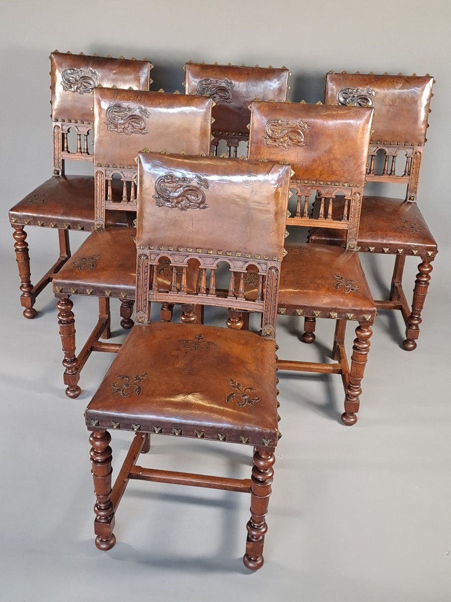 Set Of Six Renaissance-style Chairs Upholstered In Leather Embossed With A Salamander And Fleur-de-lis Motif-photo-3