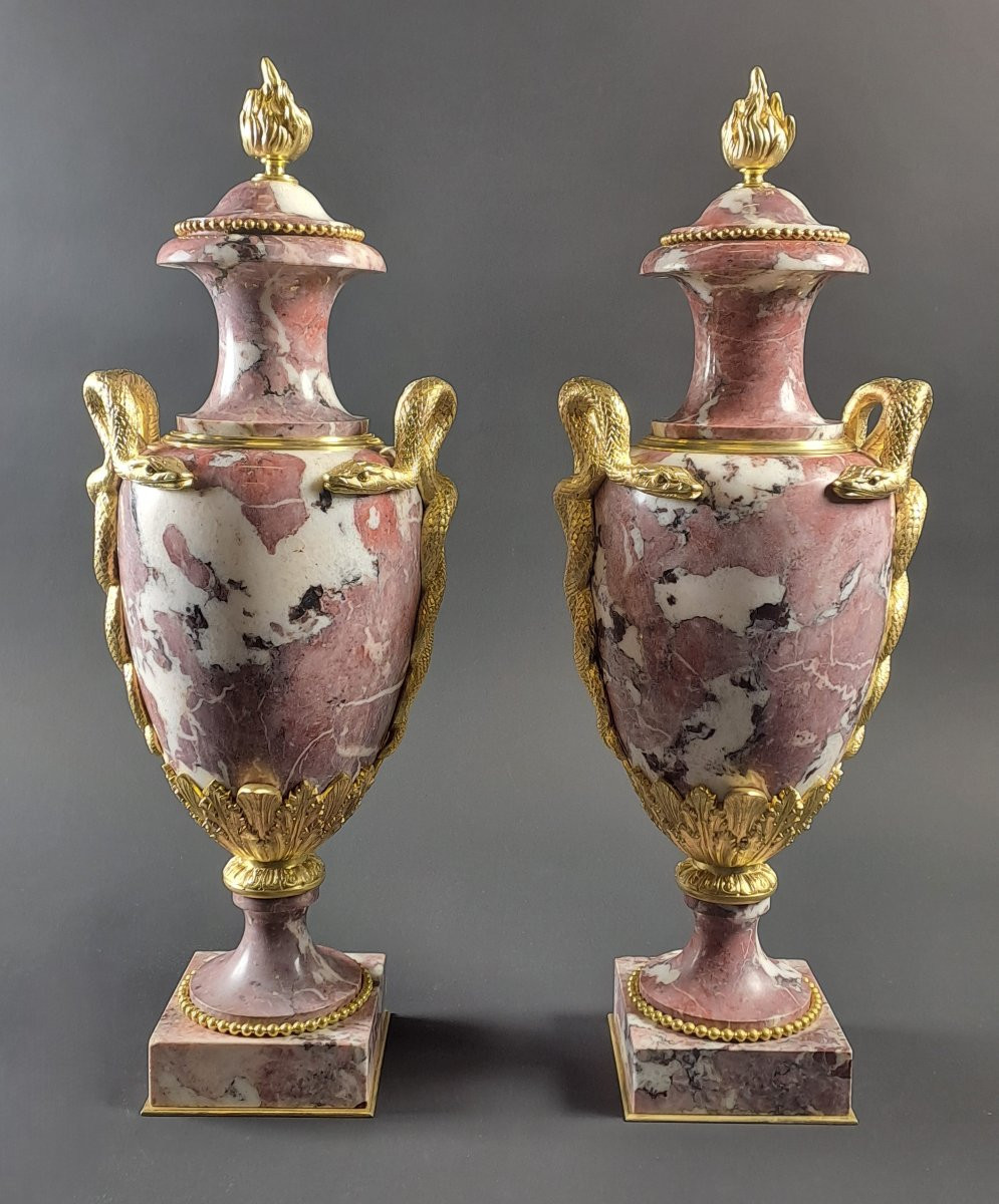 Paire de grandes cassolettes de style Louis XVI en marbre royal de Belgique et bronze doré-photo-4