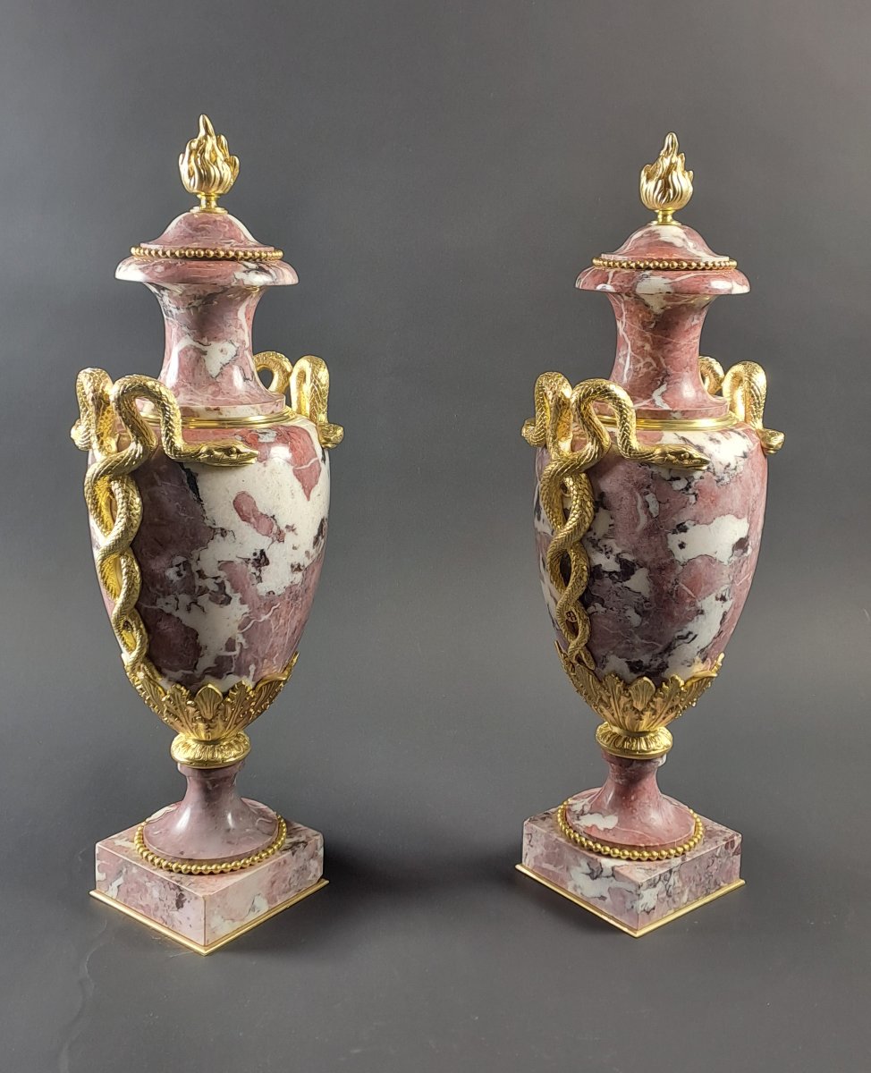 Paire de grandes cassolettes de style Louis XVI en marbre royal de Belgique et bronze doré-photo-2