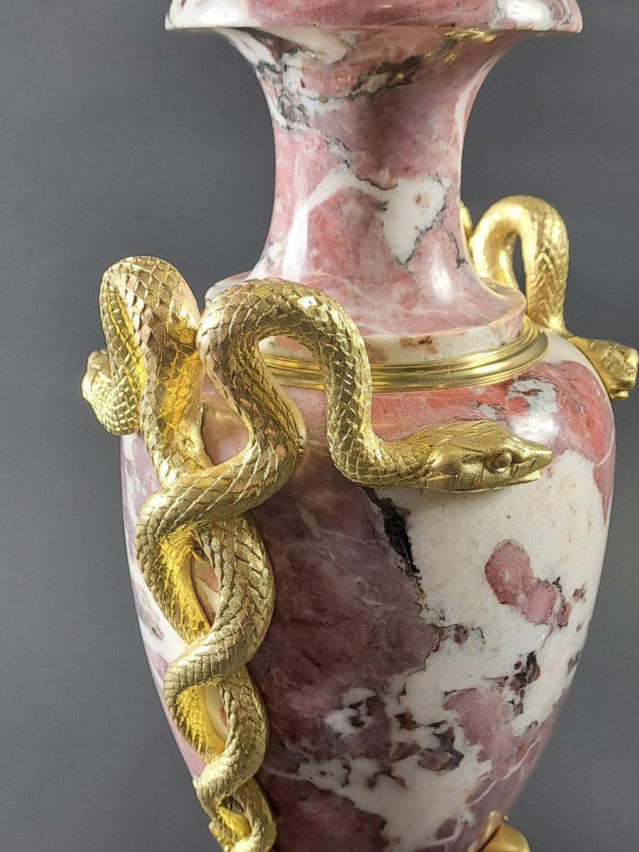 Paire de grandes cassolettes de style Louis XVI en marbre royal de Belgique et bronze doré-photo-3