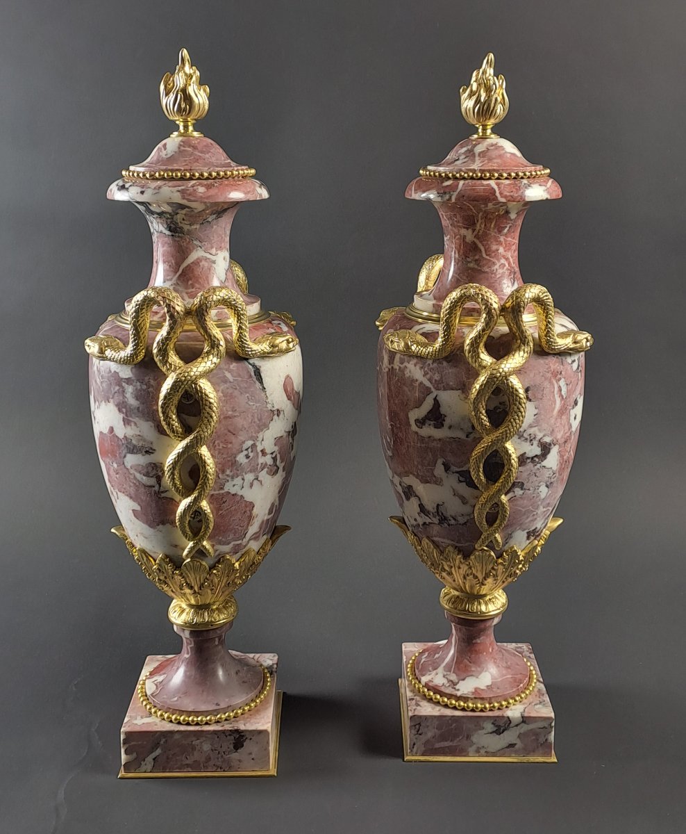 Paire de grandes cassolettes de style Louis XVI en marbre royal de Belgique et bronze doré-photo-4