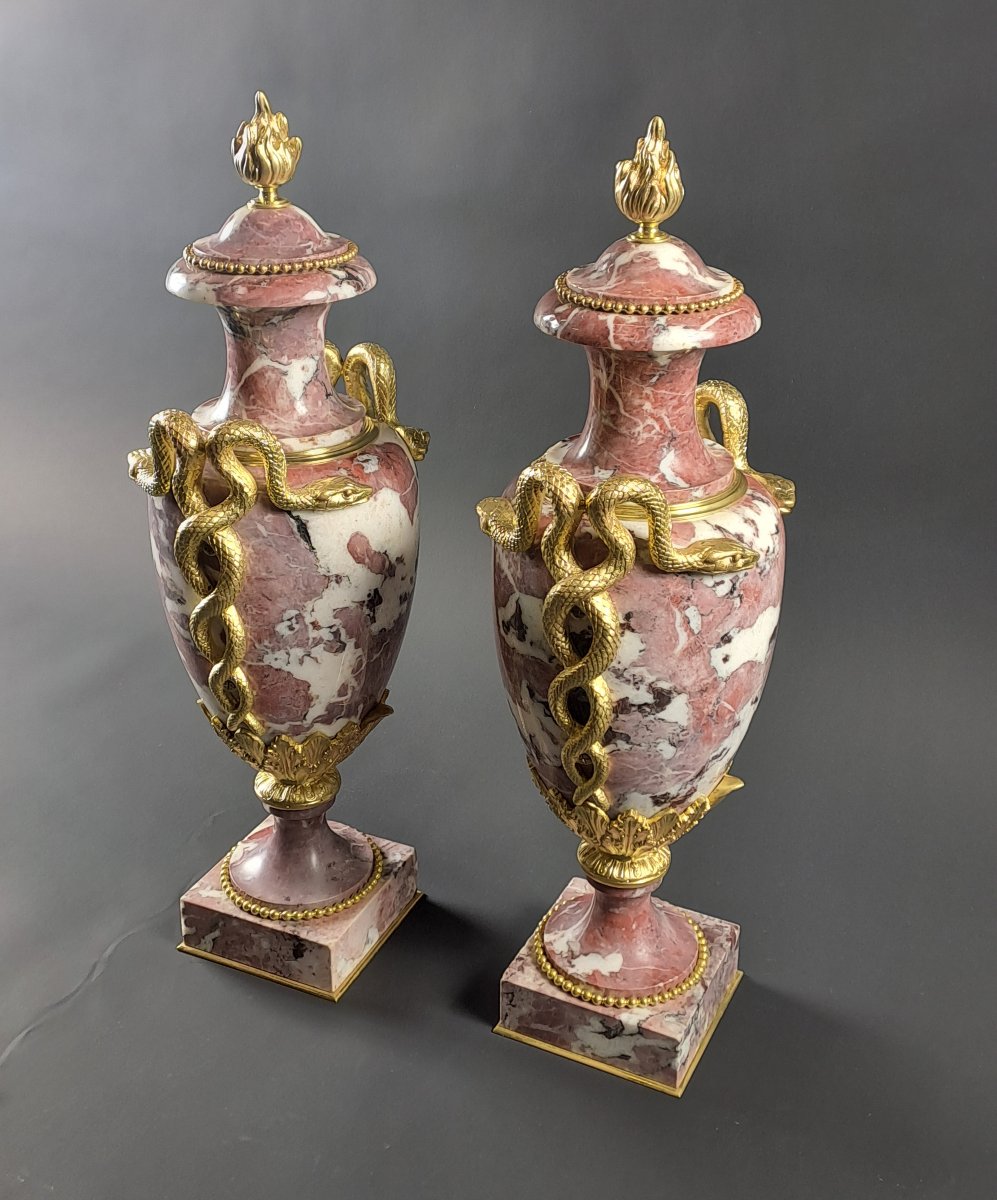 Paire de grandes cassolettes de style Louis XVI en marbre royal de Belgique et bronze doré-photo-5