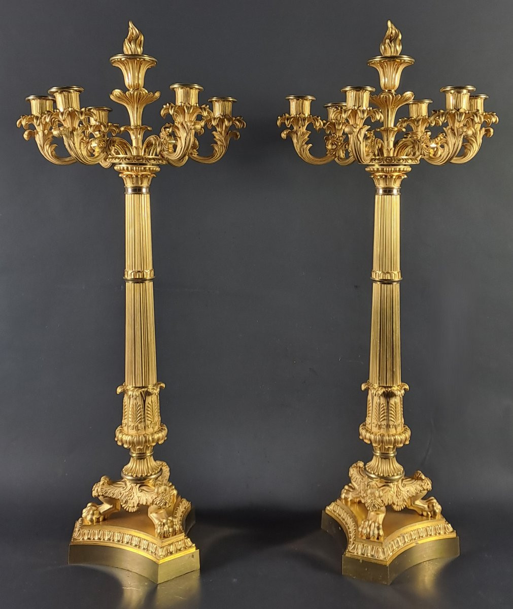 Paire de grands candélabres en bronze doré d'époque restauration (80 cm)-photo-3