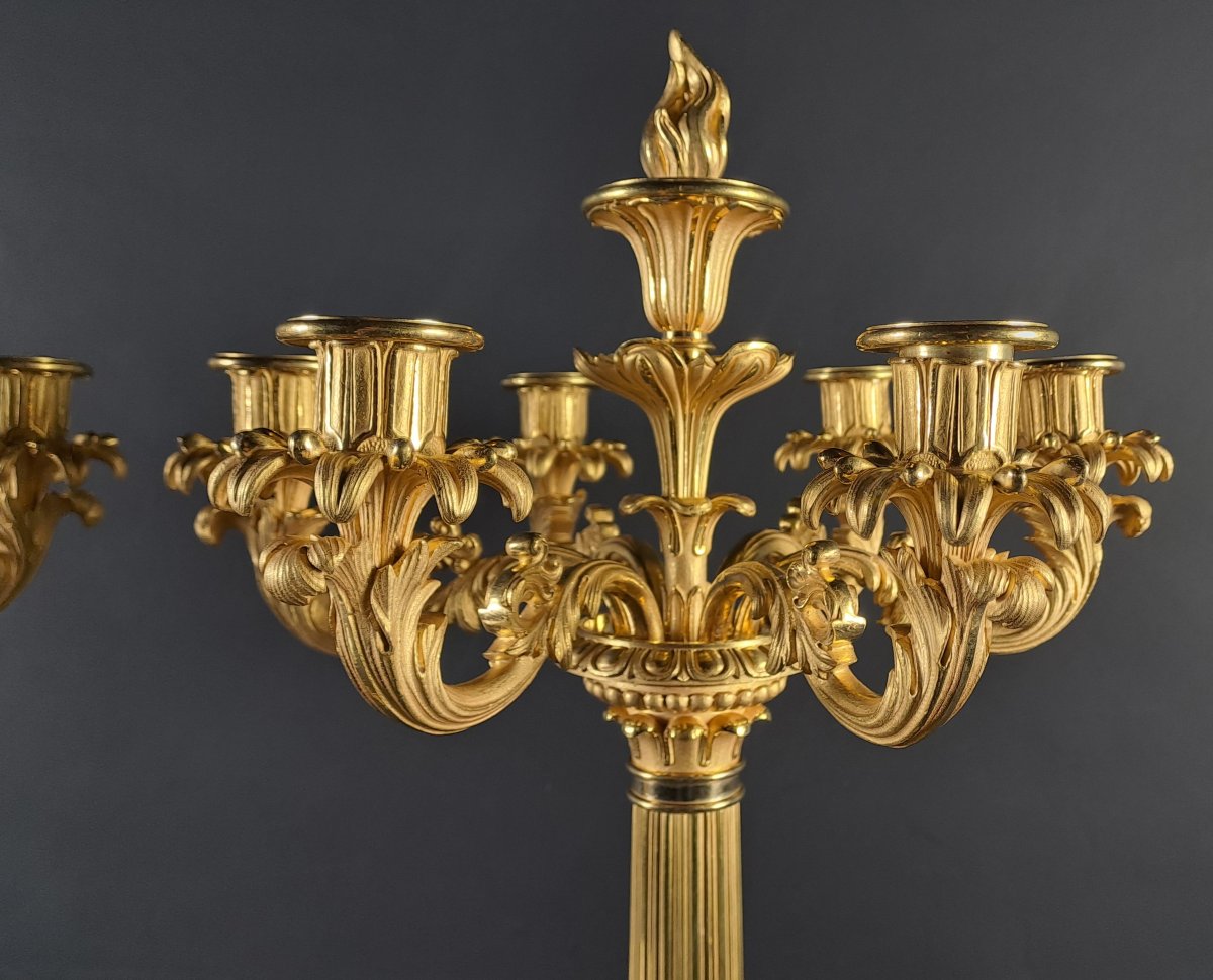Paire de grands candélabres en bronze doré d'époque restauration (80 cm)-photo-5