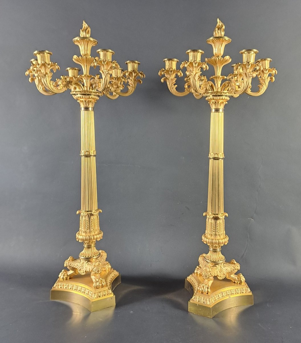 Paire de grands candélabres en bronze doré d'époque restauration (80 cm)-photo-6