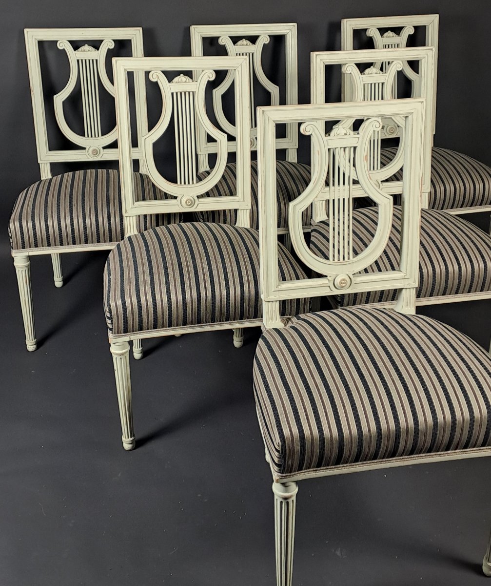 Set Of Six Louis XVI Style Lyre Chairs In Grey Lacquered Wood-photo-2