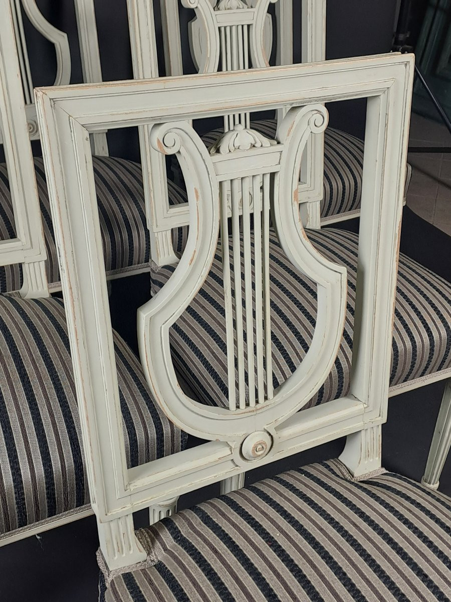 Set Of Six Louis XVI Style Lyre Chairs In Grey Lacquered Wood-photo-3