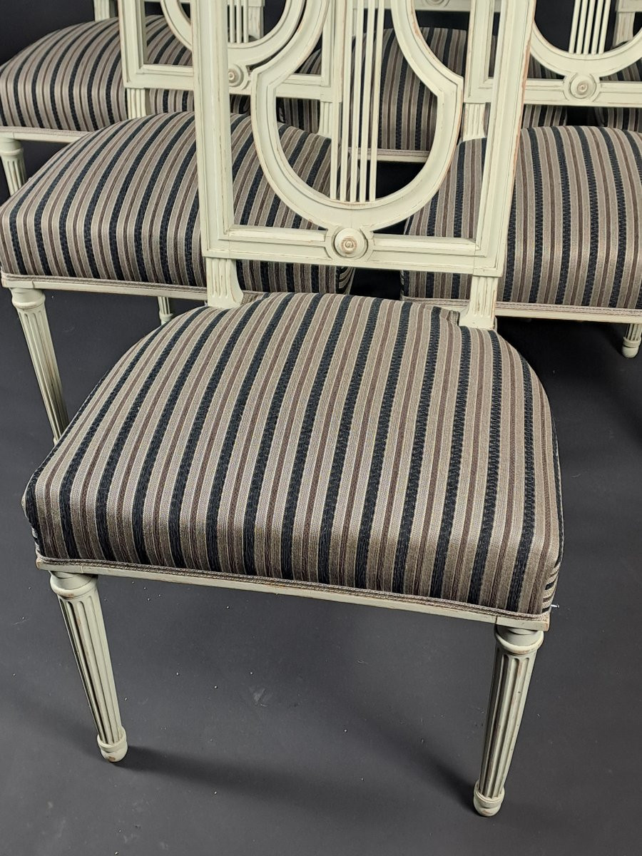 Set Of Six Louis XVI Style Lyre Chairs In Grey Lacquered Wood-photo-4