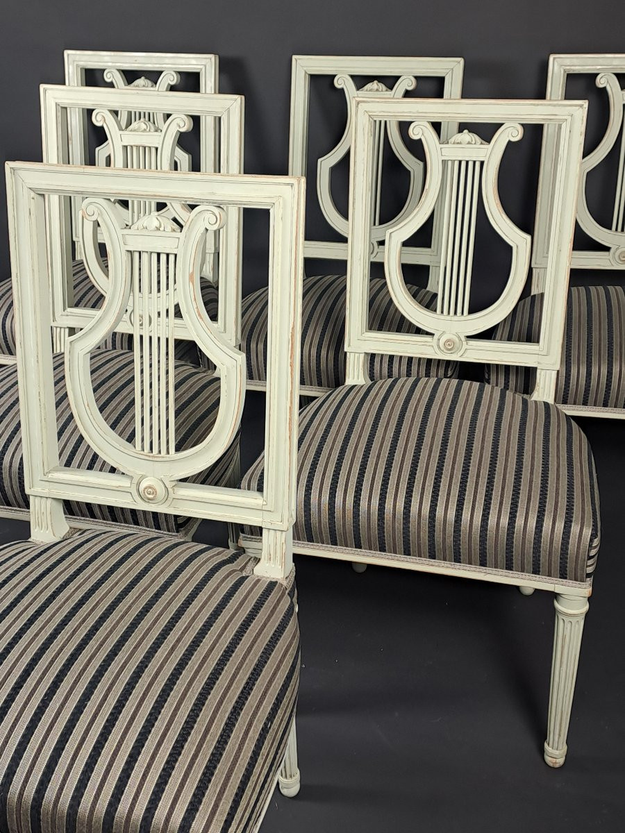 Set Of Six Louis XVI Style Lyre Chairs In Grey Lacquered Wood-photo-1
