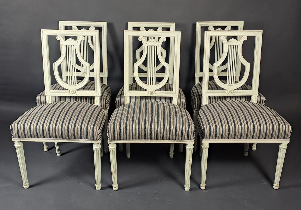 Set Of Six Louis XVI Style Lyre Chairs In Grey Lacquered Wood-photo-2