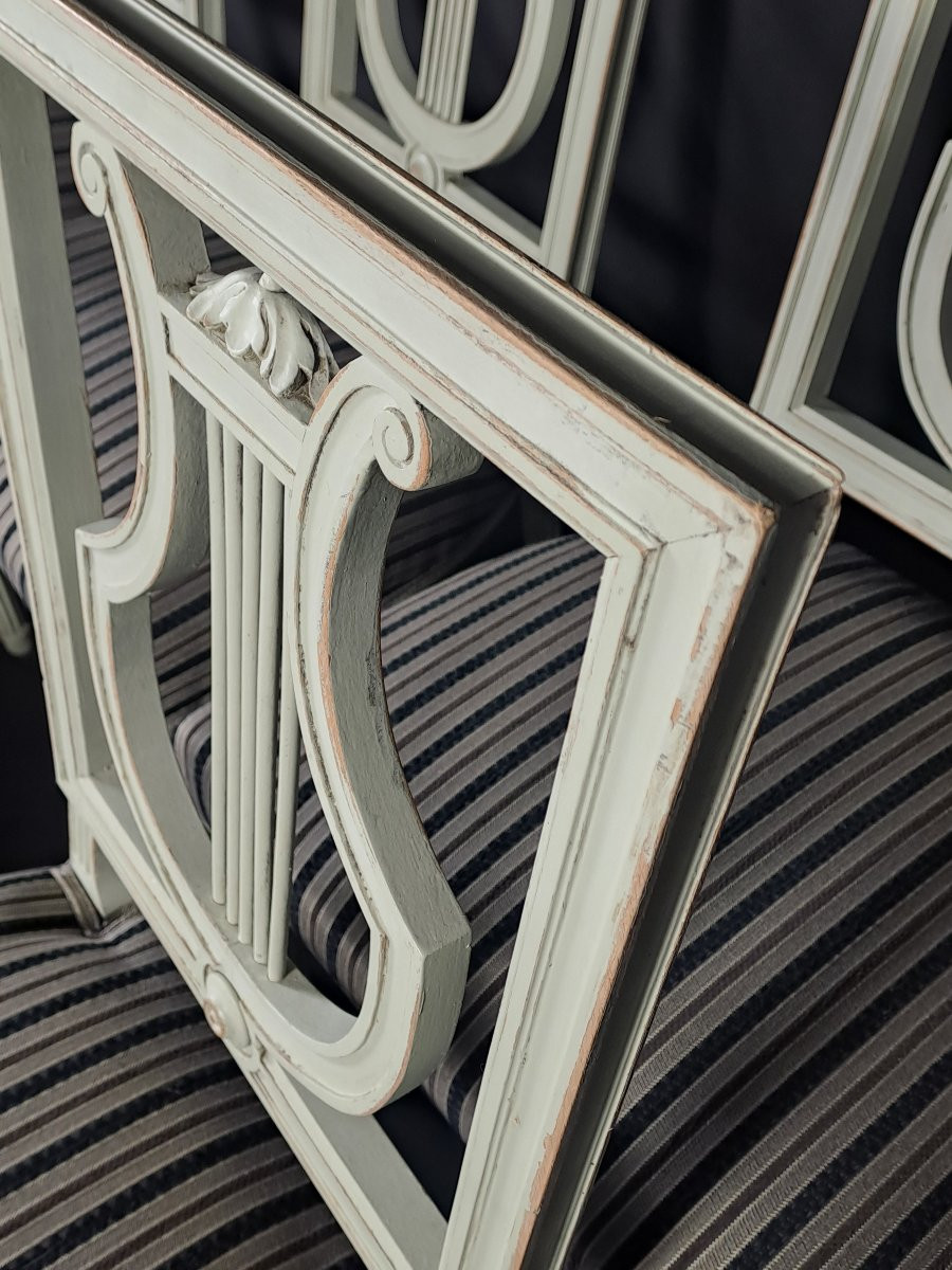 Set Of Six Louis XVI Style Lyre Chairs In Grey Lacquered Wood-photo-4