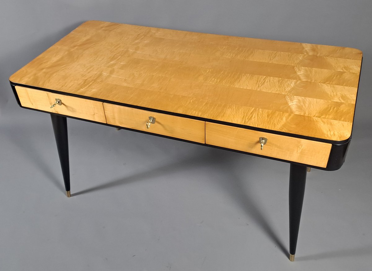 Center Desk In Sycamore And Blackened Wood – 1950s Design-photo-2