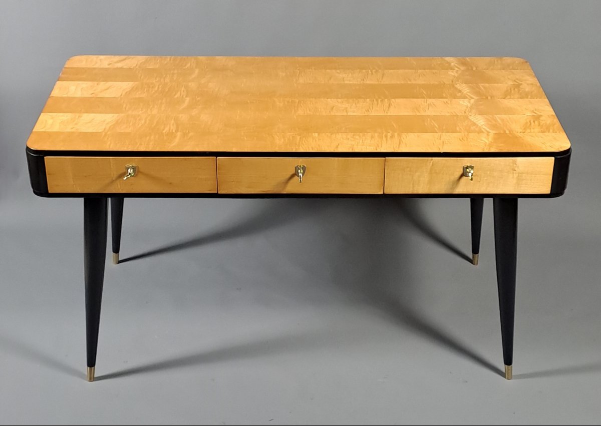 Center Desk In Sycamore And Blackened Wood – 1950s Design-photo-4
