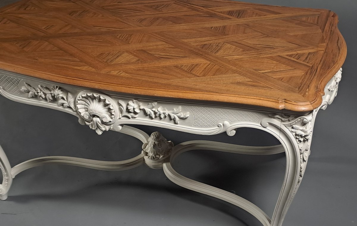Grande Table de milieu de style Louis XV Rocaille en noyer sculpté et laqué blanc-photo-3