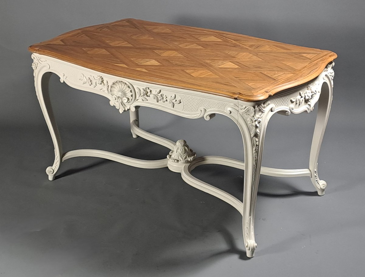 Grande Table de milieu de style Louis XV Rocaille en noyer sculpté et laqué blanc-photo-4