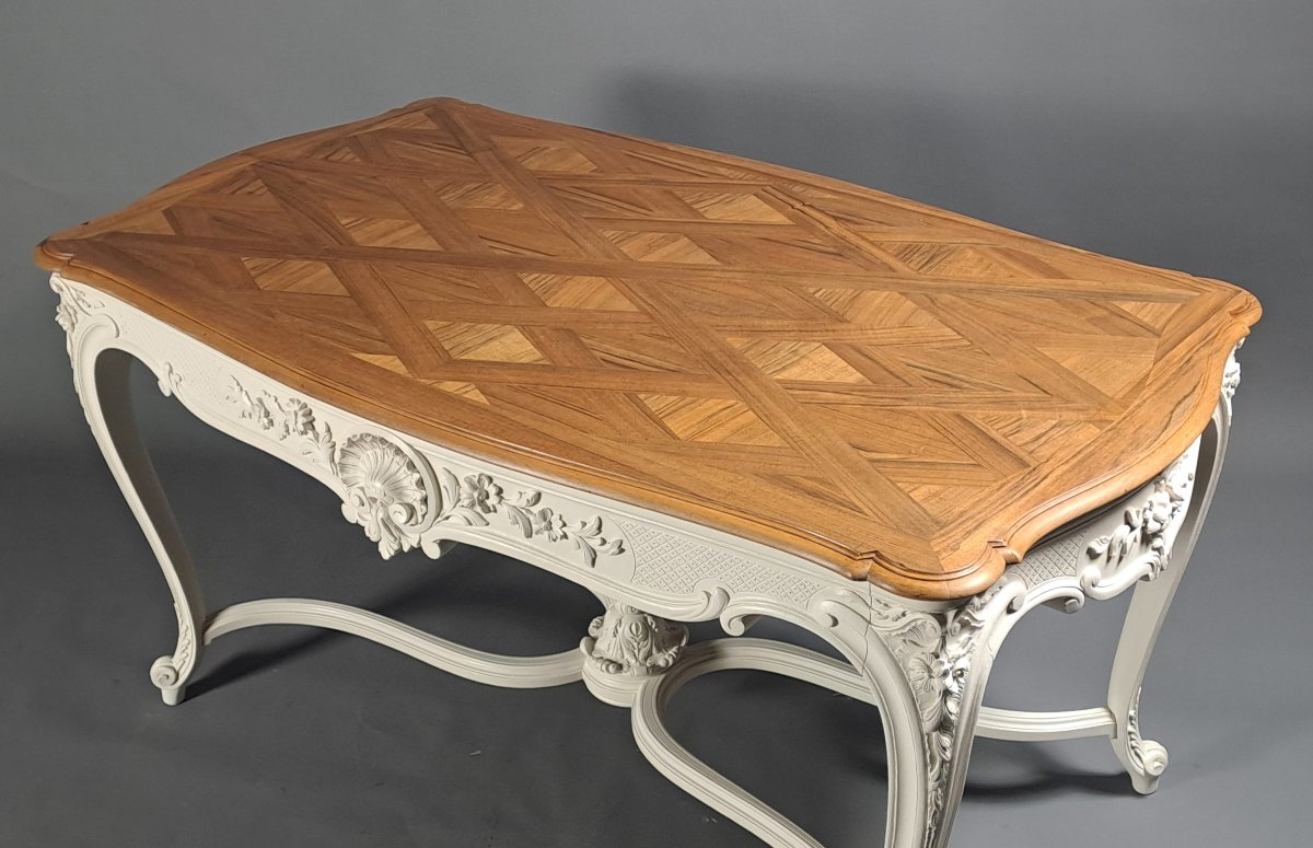 Grande Table de milieu de style Louis XV Rocaille en noyer sculpté et laqué blanc-photo-2