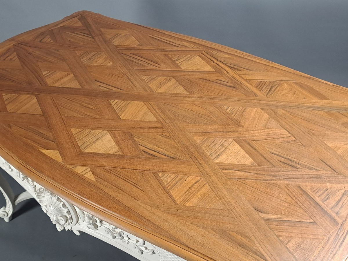 Grande Table de milieu de style Louis XV Rocaille en noyer sculpté et laqué blanc-photo-3