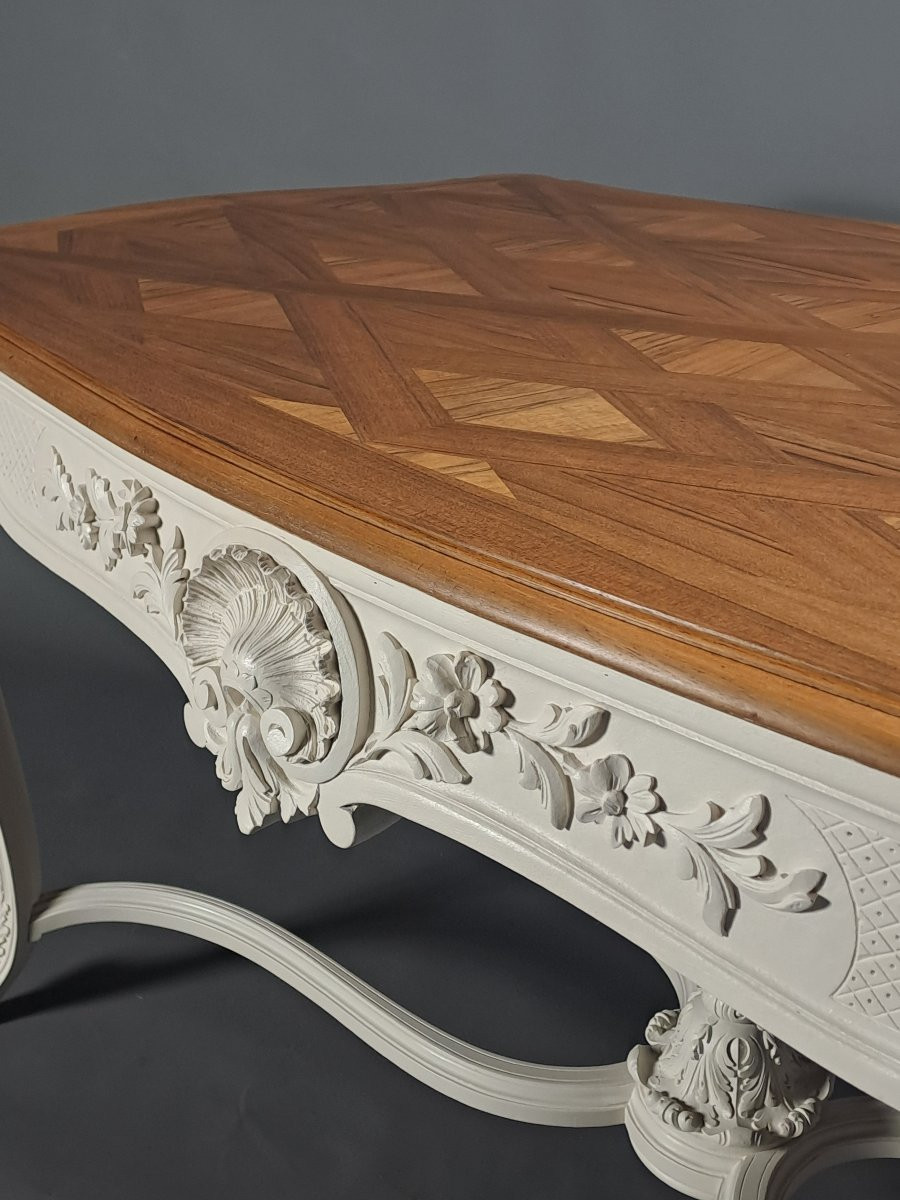 Grande Table de milieu de style Louis XV Rocaille en noyer sculpté et laqué blanc-photo-5