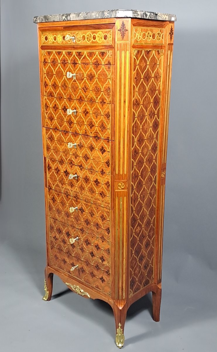 Grand semainier / chiffonnier Transition en marquèterie de treillis et quartefeuille-photo-3