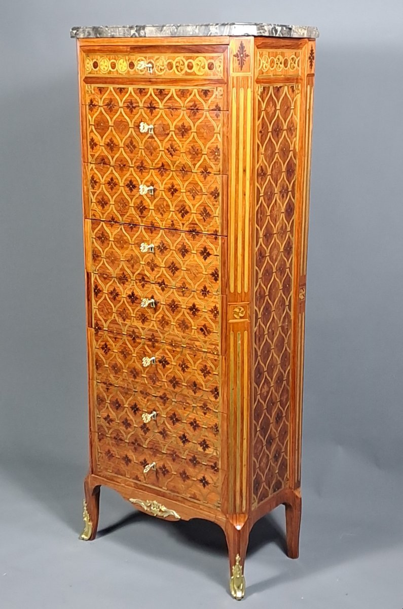 Grand semainier / chiffonnier Transition en marquèterie de treillis et quartefeuille-photo-1