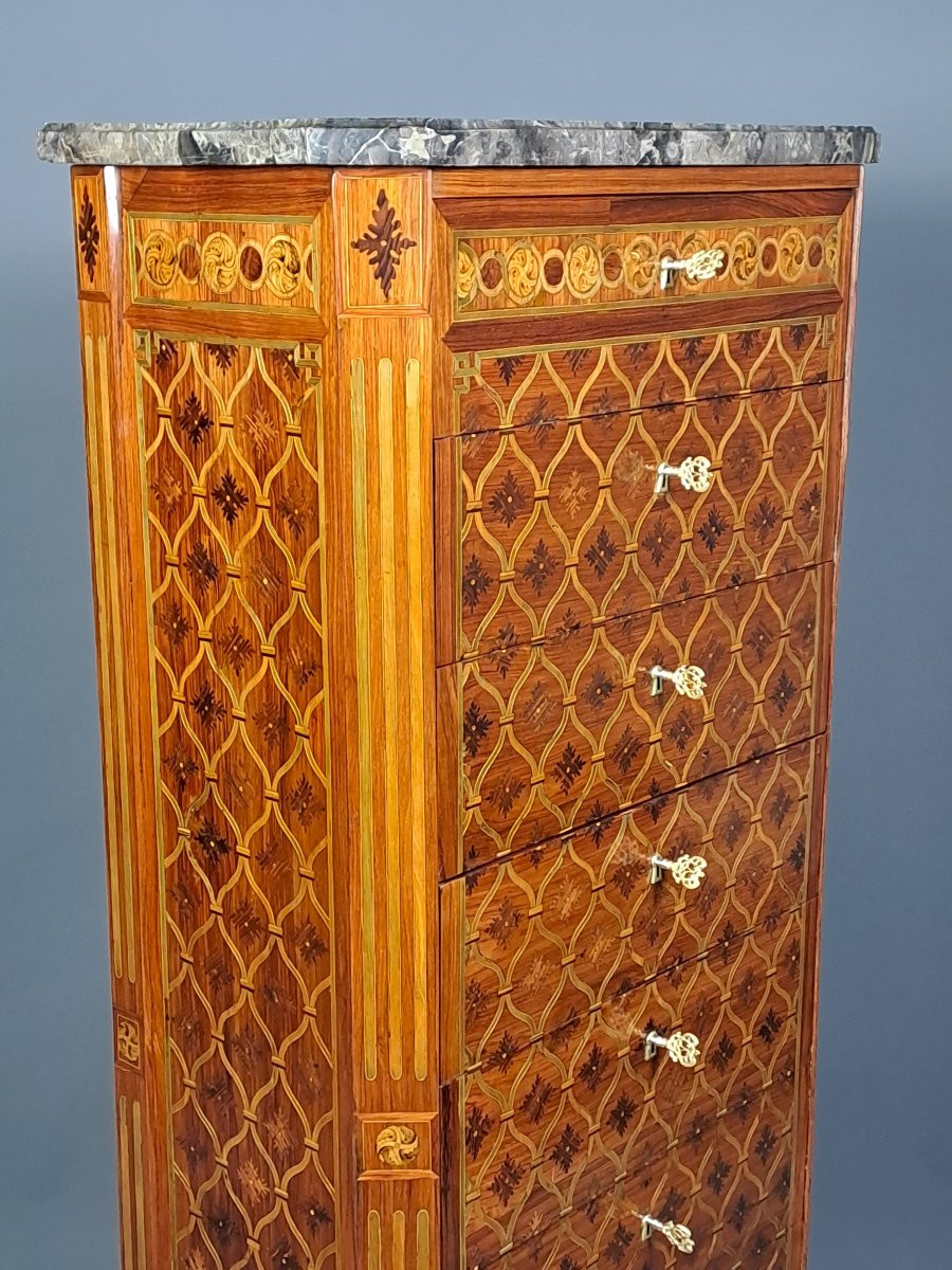 Grand semainier / chiffonnier Transition en marquèterie de treillis et quartefeuille-photo-3