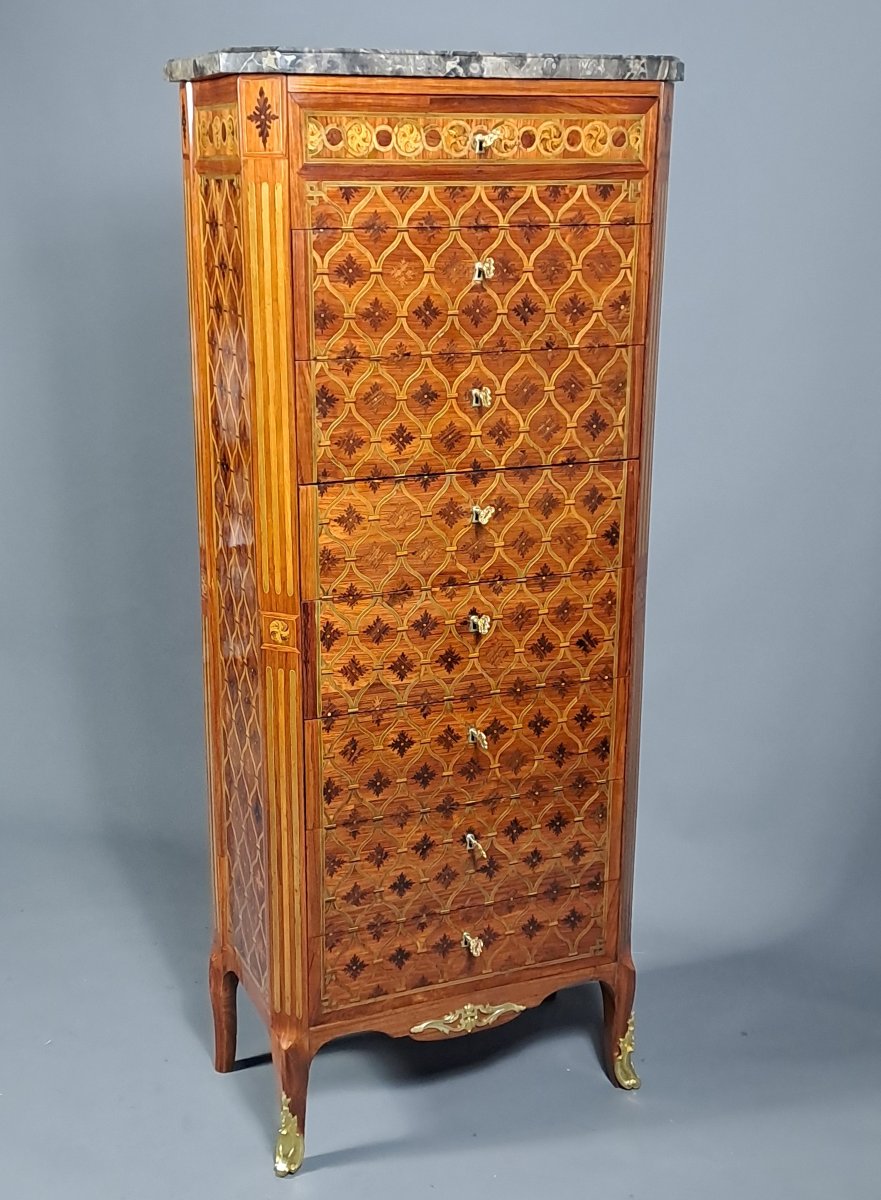 Grand semainier / chiffonnier Transition en marquèterie de treillis et quartefeuille-photo-6