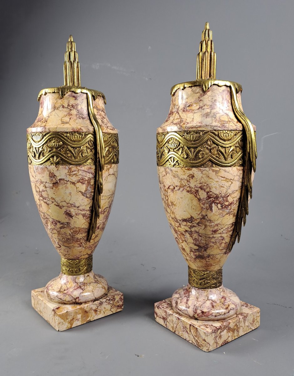 Paire de Cassolettes Art Déco en marbre et bronze doré-photo-3