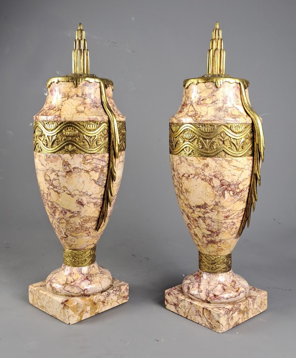 Paire de Cassolettes Art Déco en marbre et bronze doré-photo-4
