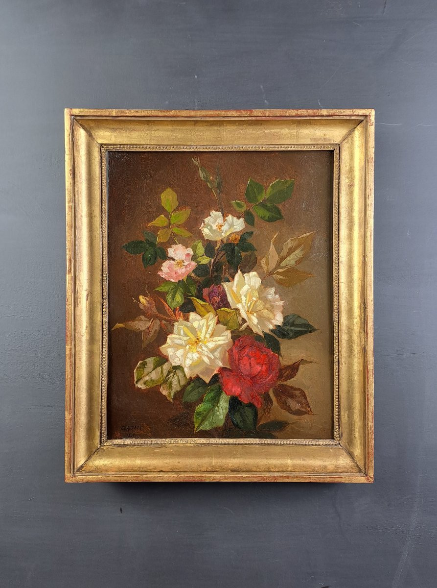 Edmond-Adolphe Rudaux (1840-1908) - Bouquet de roses - Huile sur toile signée et datée-photo-3