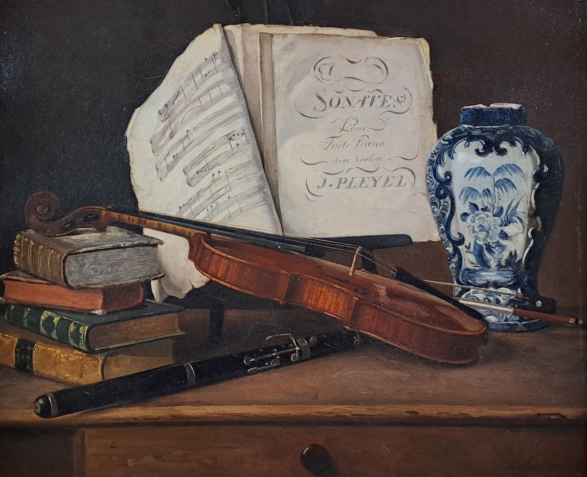 Ecole Française du début XIXème siècle - Huile sur Toile - Nature morte - allégorie aux arts-photo-3