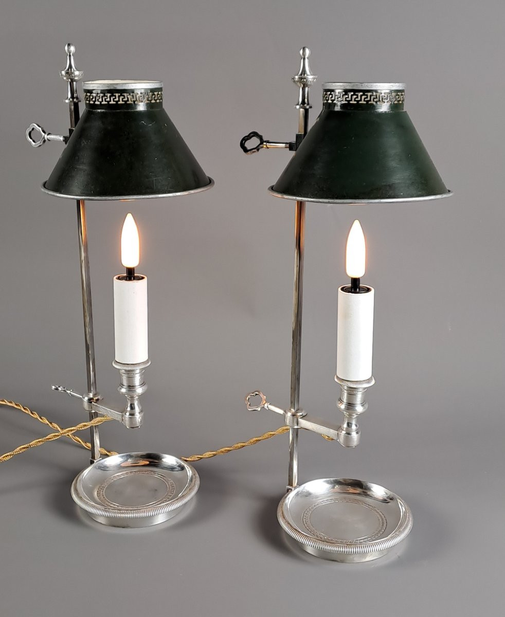 Pair Of Louis XVI Style Silver-plated Bronze Bouillotte Lamps-photo-1