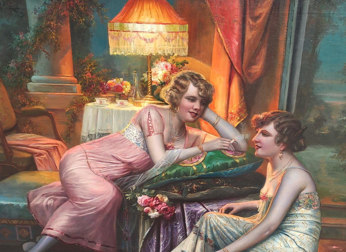 Grande huile sur toile signée Max Carlier (1872-1938) – Joyeuse Confidence-photo-3