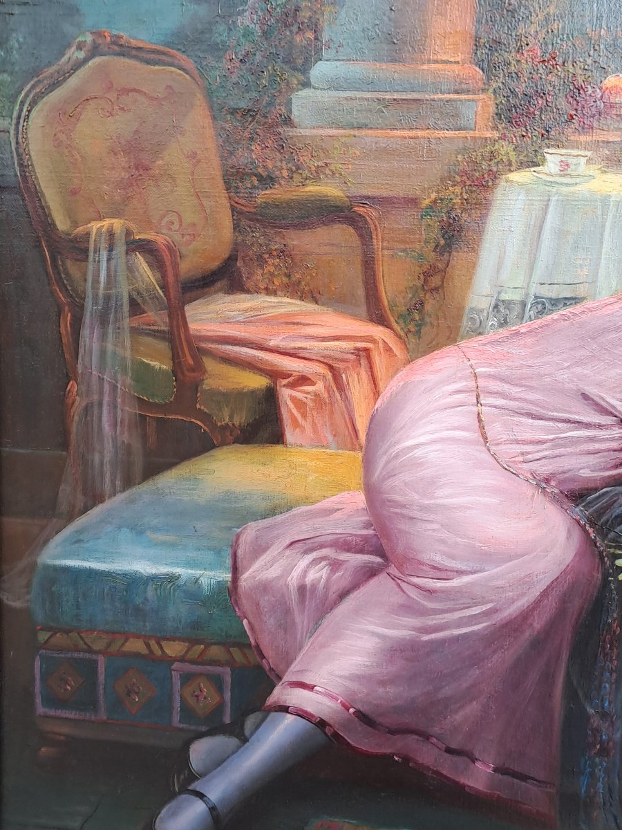 Grande huile sur toile signée Max Carlier (1872-1938) – Joyeuse Confidence-photo-2