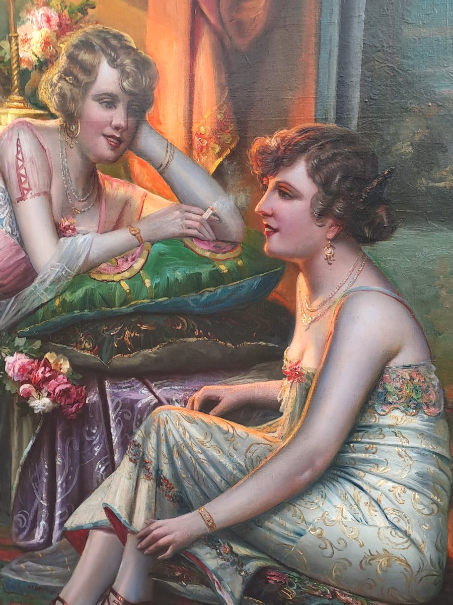 Grande huile sur toile signée Max Carlier (1872-1938) – Joyeuse Confidence-photo-3
