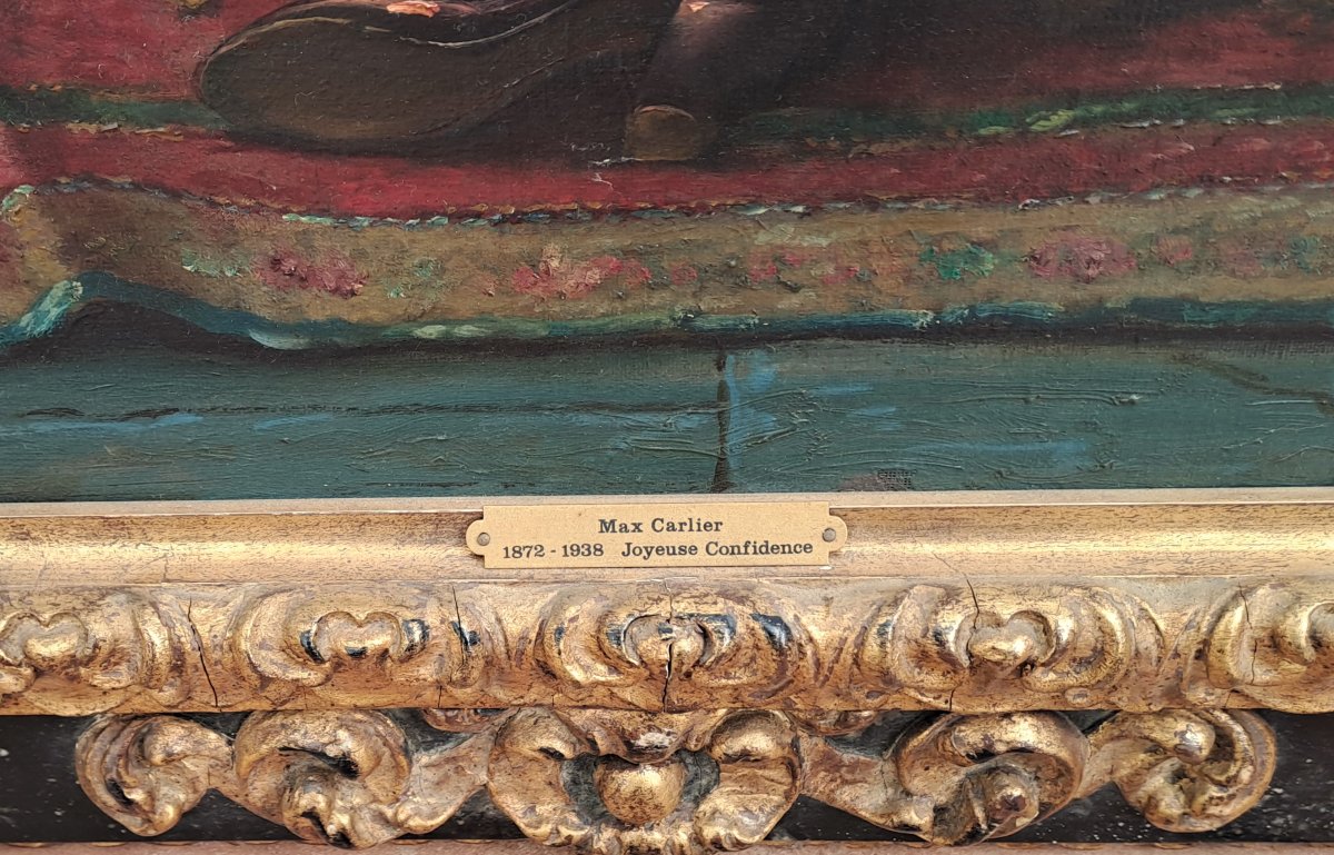 Grande huile sur toile signée Max Carlier (1872-1938) – Joyeuse Confidence-photo-4