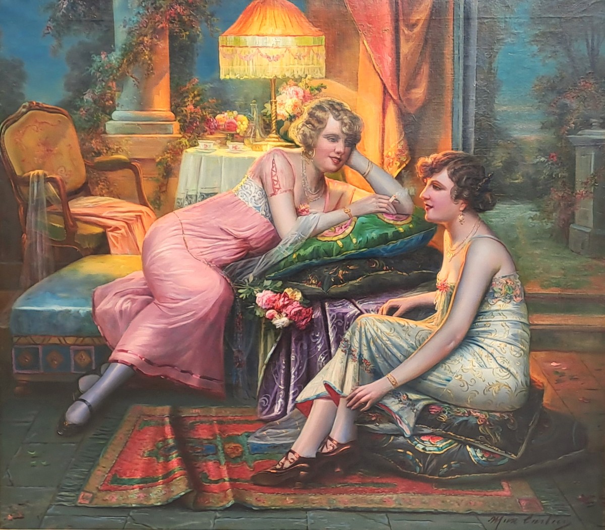 Grande huile sur toile signée Max Carlier (1872-1938) – Joyeuse Confidence