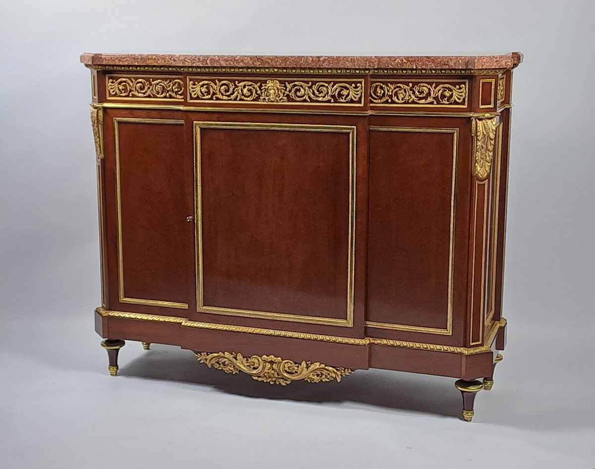 Important meuble d’appui estampillé Henry Dasson en acajou et bronze doré-photo-4