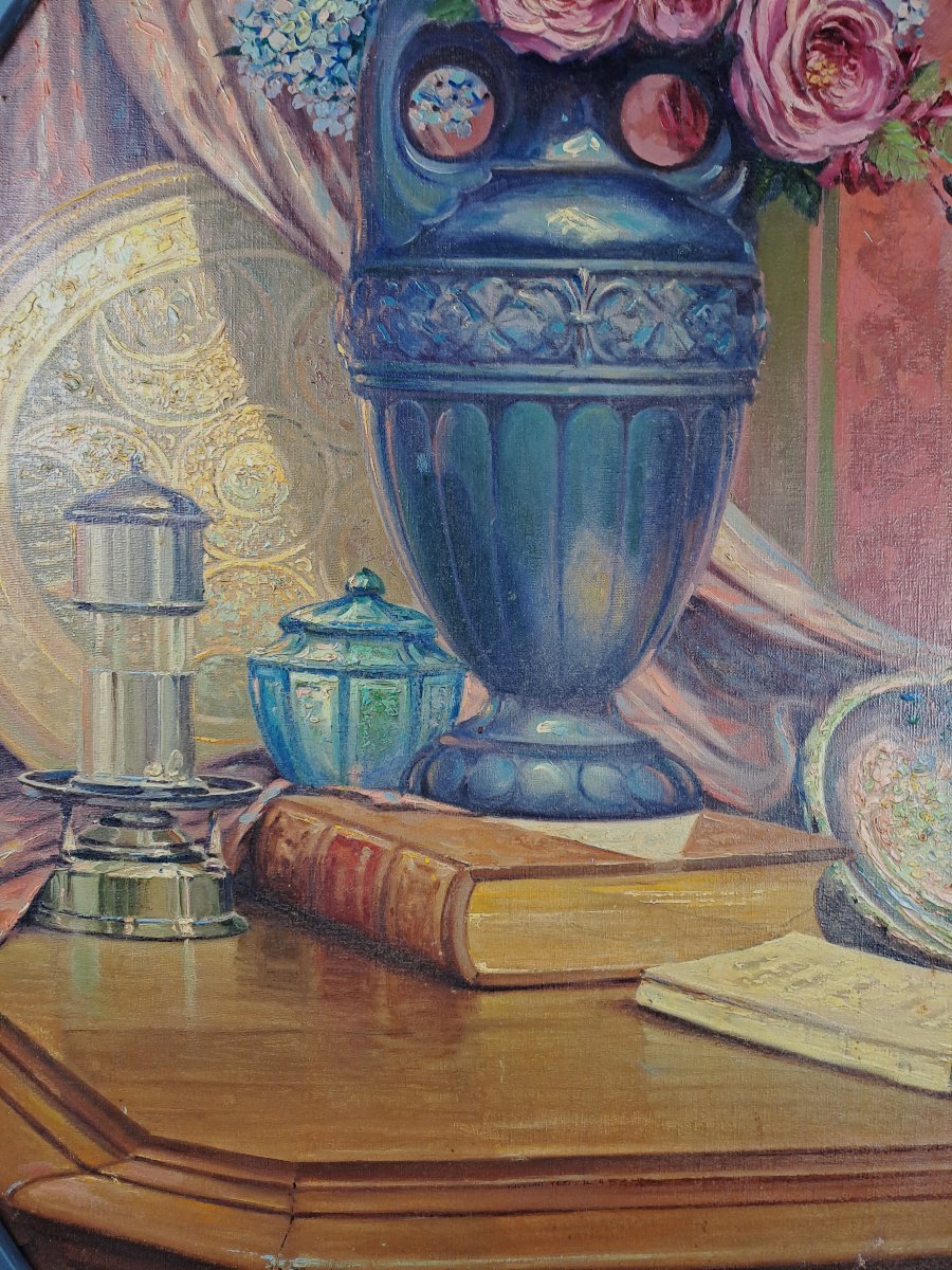 Nature morte au vase de fleurs - grande huile sur toile en ovale époque Art Déco-photo-2
