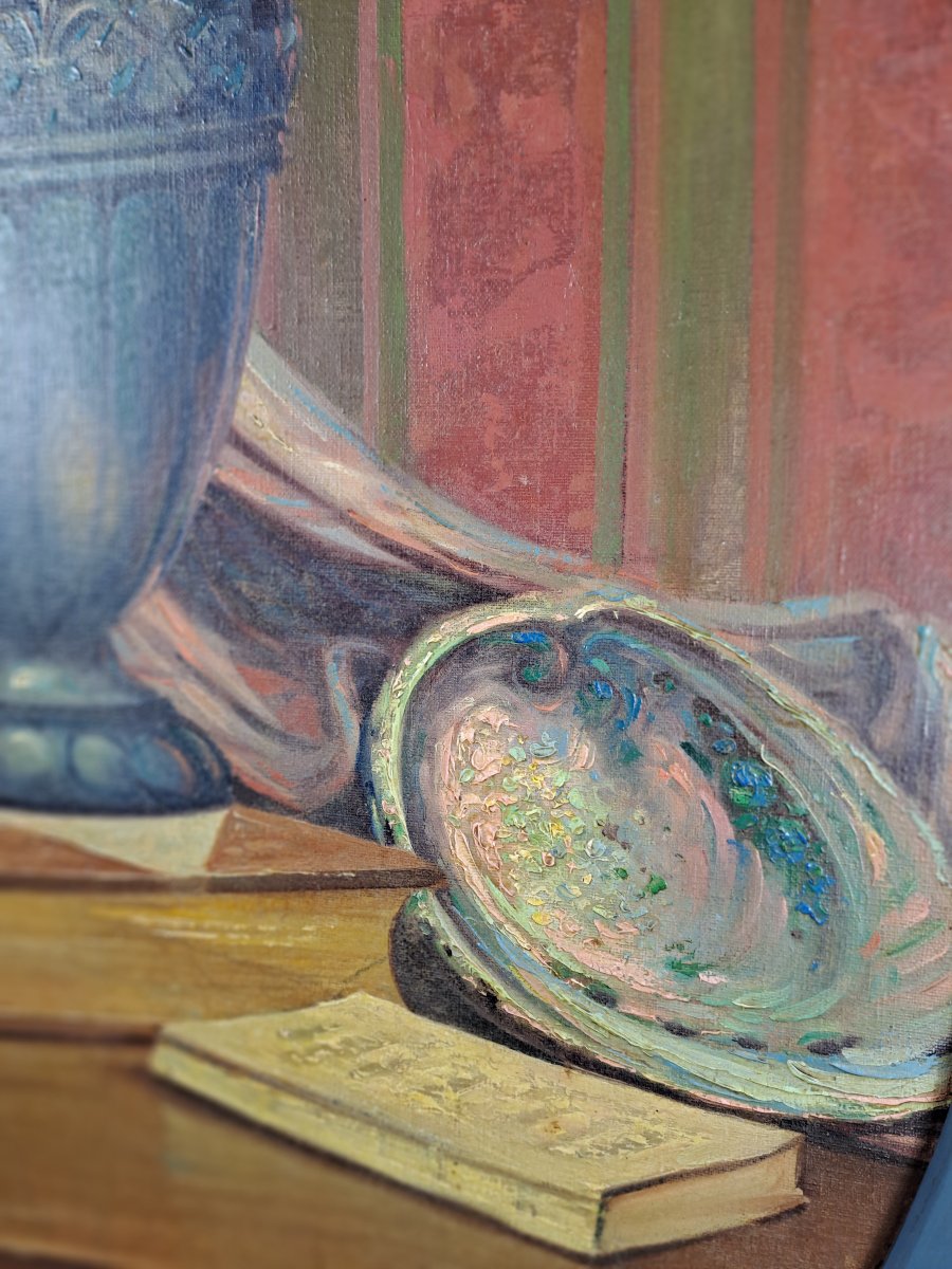 Nature morte au vase de fleurs - grande huile sur toile en ovale époque Art Déco-photo-1