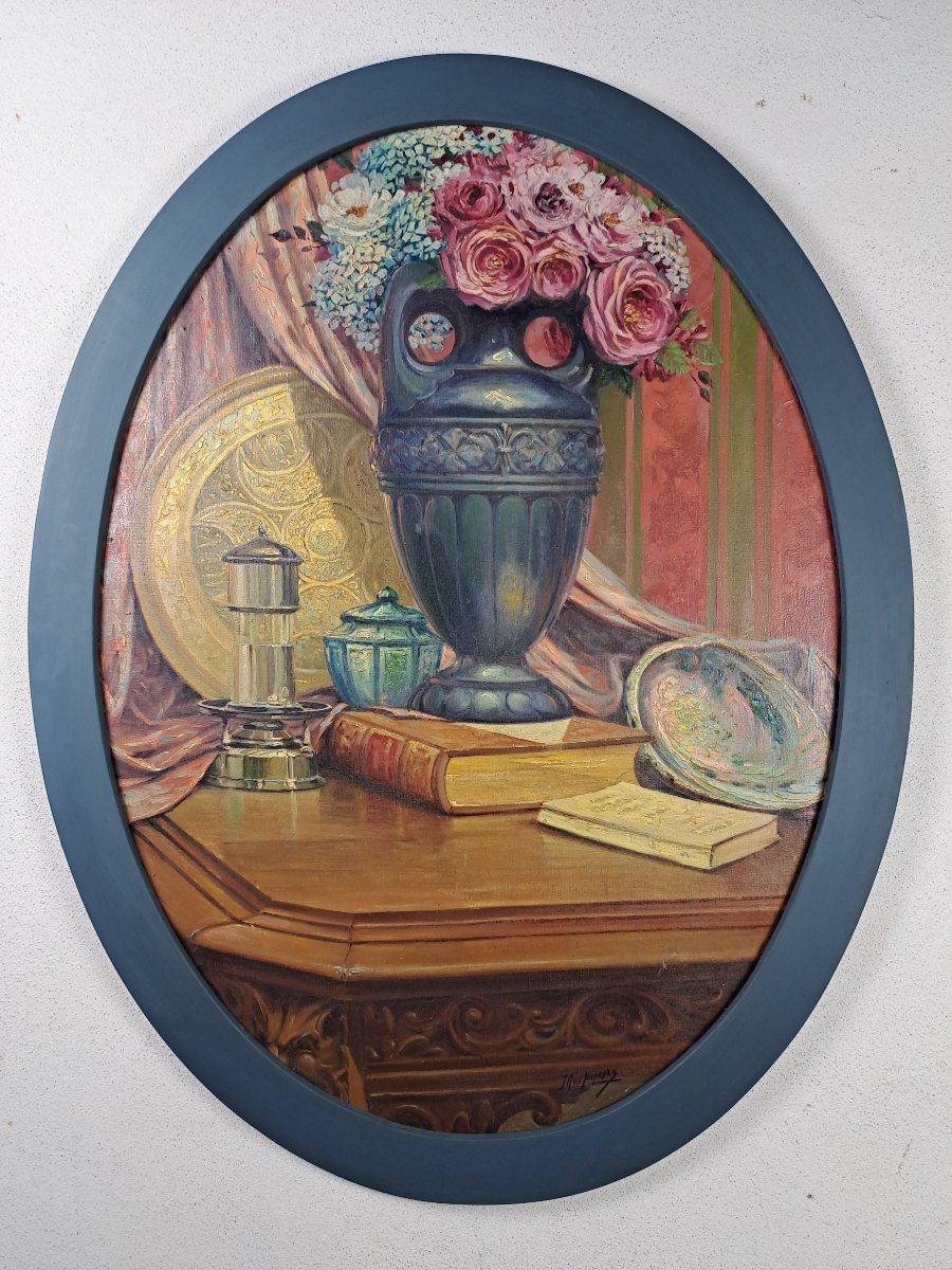 Nature morte au vase de fleurs - grande huile sur toile en ovale époque Art Déco-photo-3
