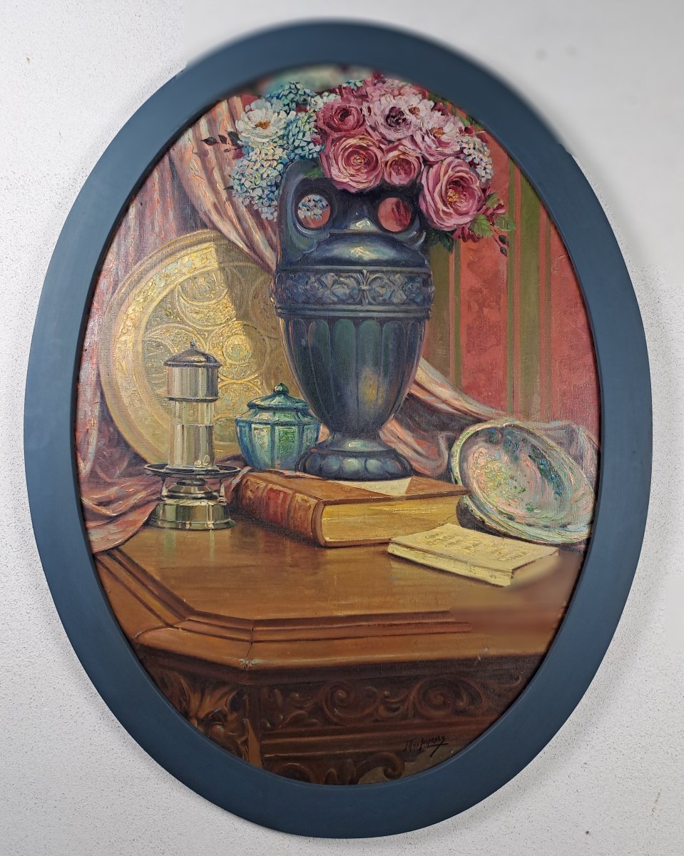 Nature morte au vase de fleurs - grande huile sur toile en ovale époque Art Déco
