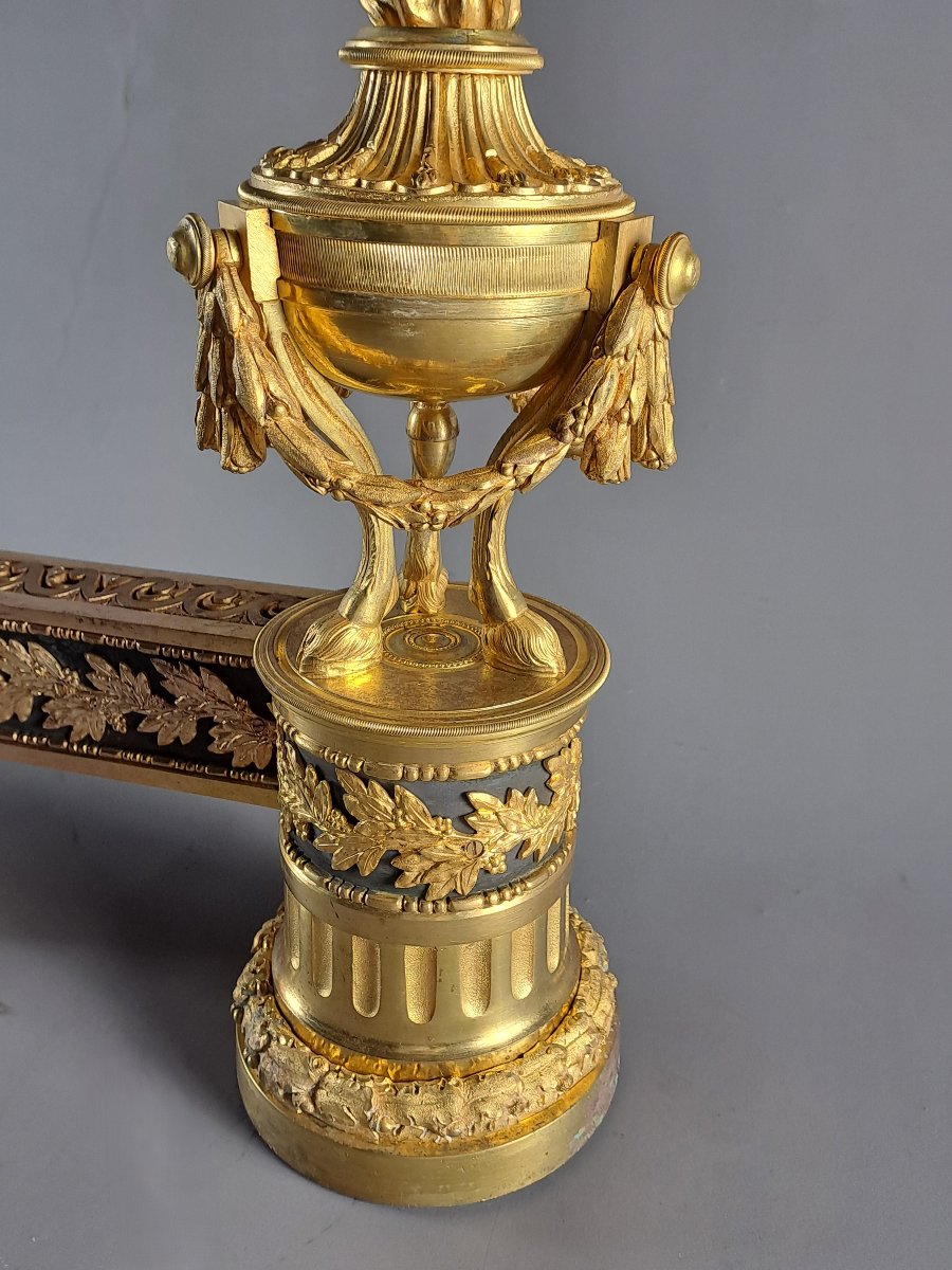 Pair Of Louis XVI Ormolu And Patinated Andirons-photo-2