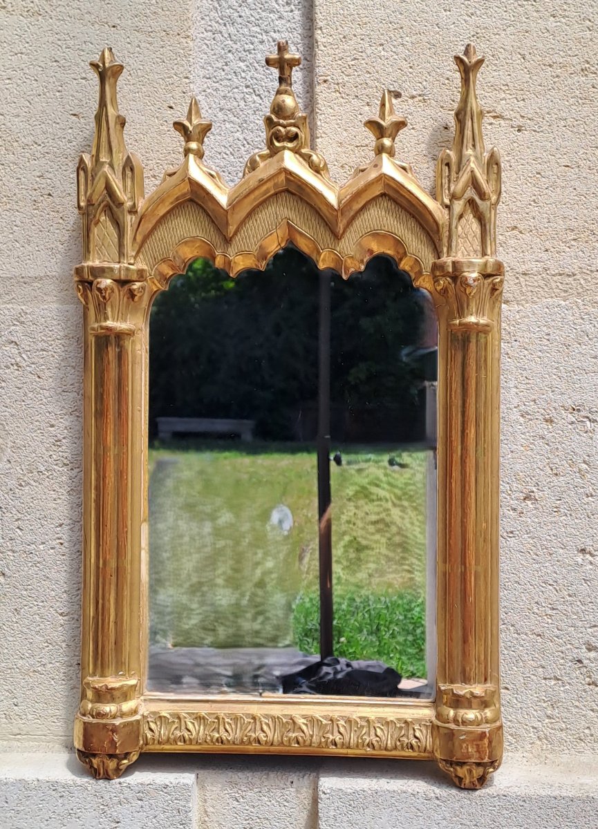 miroir ancien néo-gothique - dorure à la feuille - XIXème siècle-photo-3