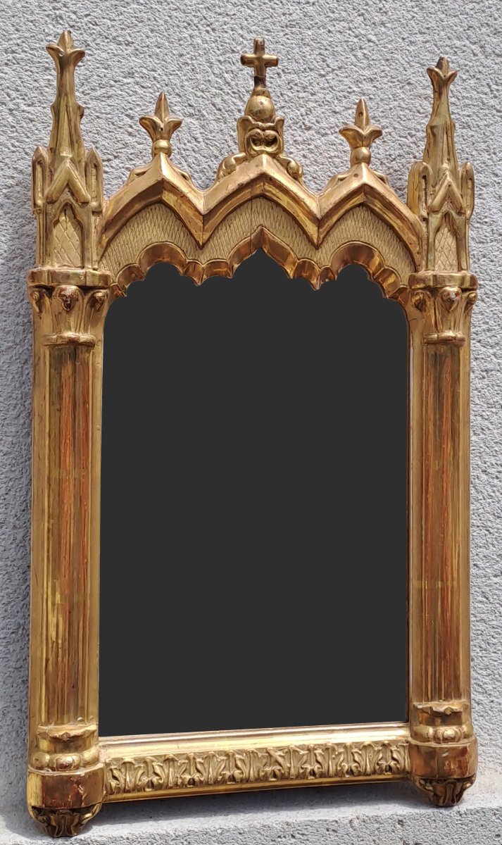 miroir ancien néo-gothique - dorure à la feuille - XIXème siècle-photo-4