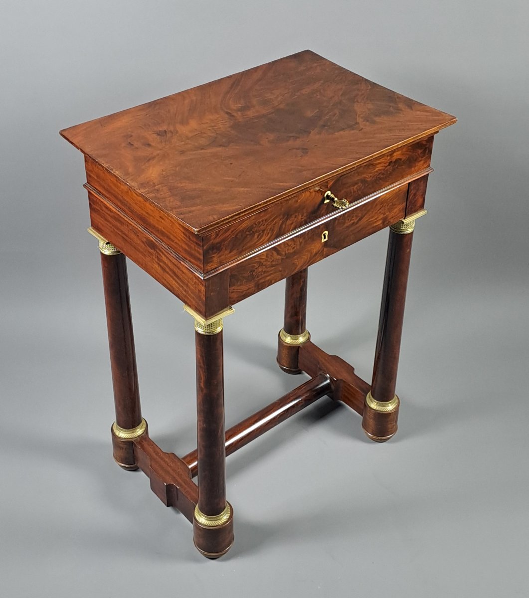 Table travailleuse à écritoire d'époque Empire en ronce d'acajou de cuba-photo-2