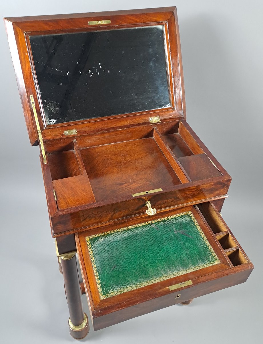 Table travailleuse à écritoire d'époque Empire en ronce d'acajou de cuba-photo-1