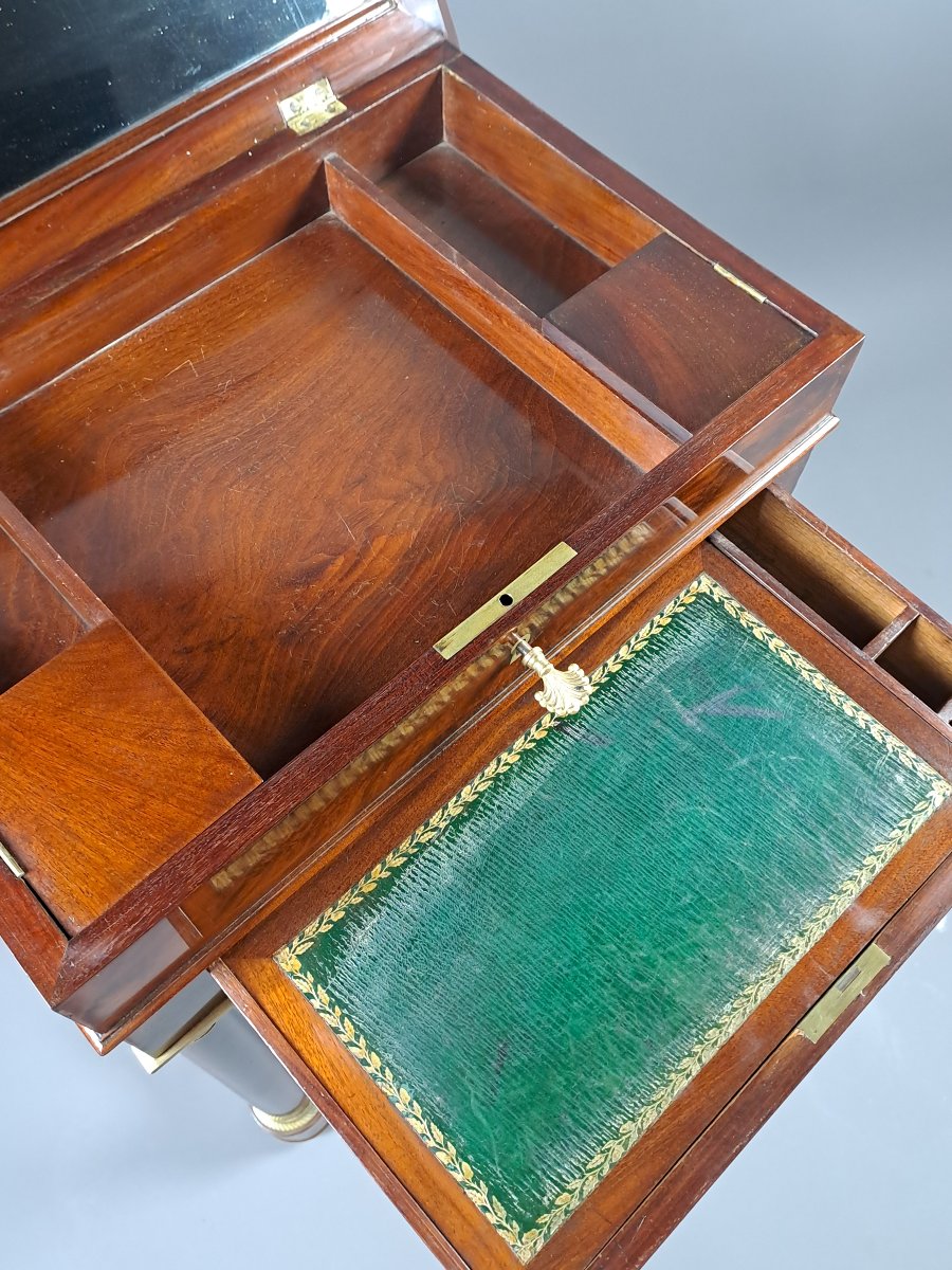 Table travailleuse à écritoire d'époque Empire en ronce d'acajou de cuba-photo-2