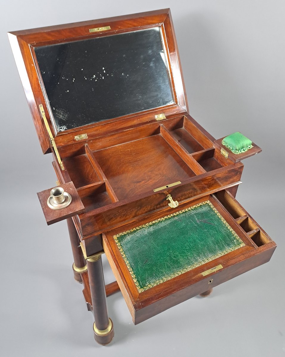 Table travailleuse à écritoire d'époque Empire en ronce d'acajou de cuba-photo-3