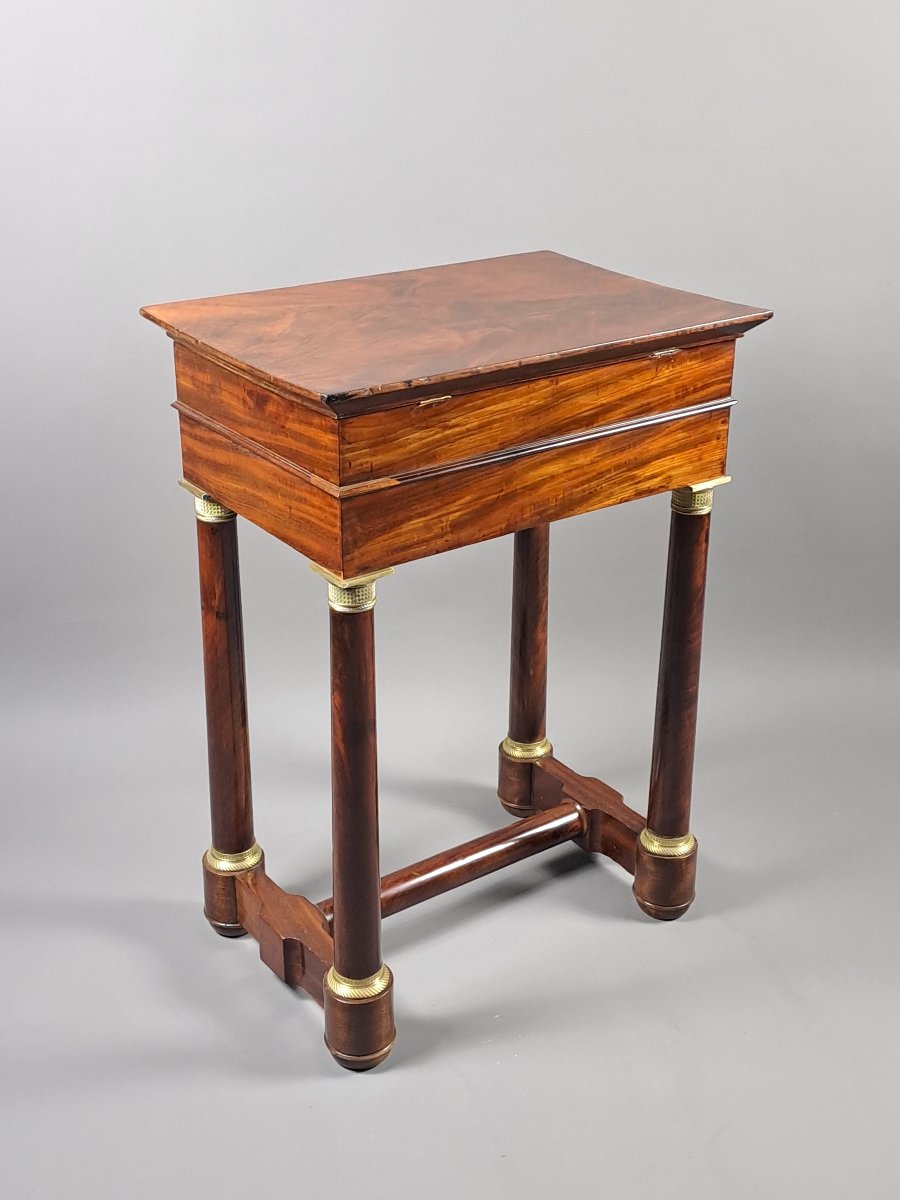 Table travailleuse à écritoire d'époque Empire en ronce d'acajou de cuba-photo-7